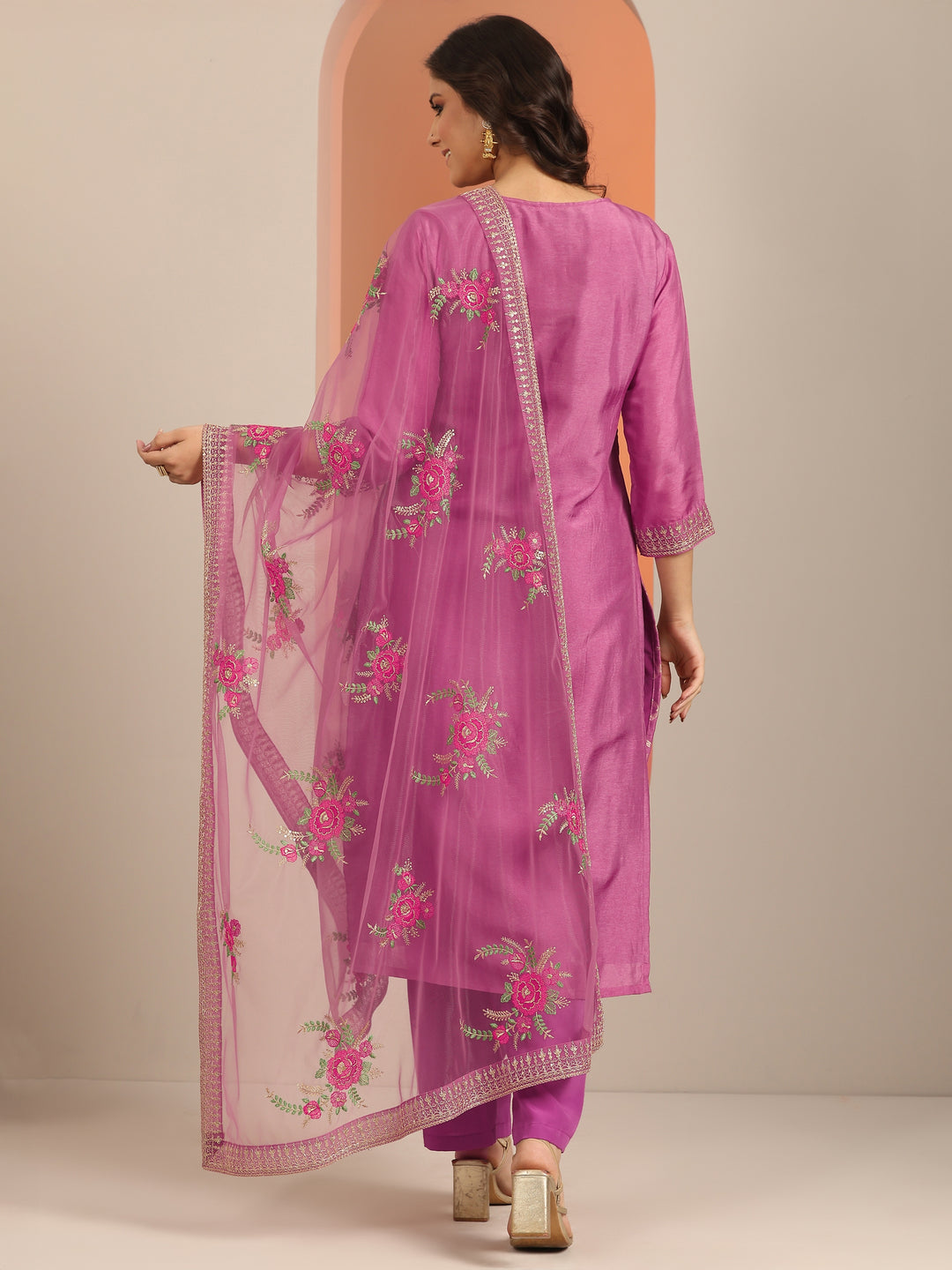 Libas Art Mauve Woven Design Silk Blend Straight Suit Set With Dupatta