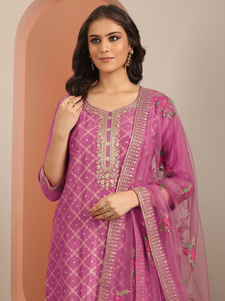 Libas Art Mauve Woven Design Silk Blend Straight Suit Set With Dupatta