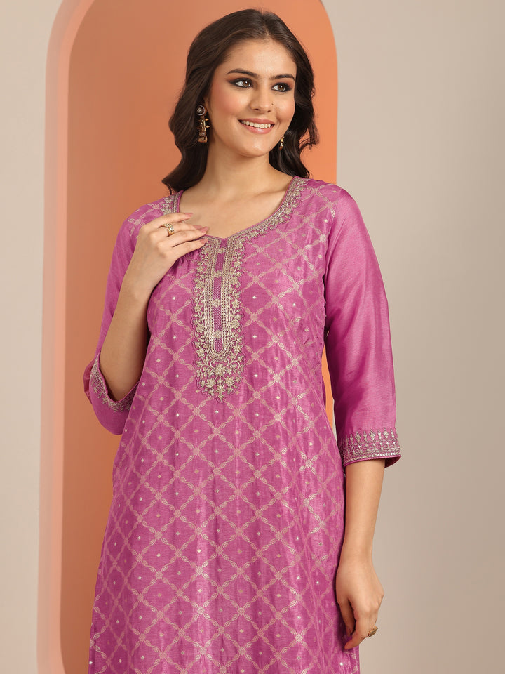 Libas Art Mauve Woven Design Silk Blend Straight Suit Set With Dupatta