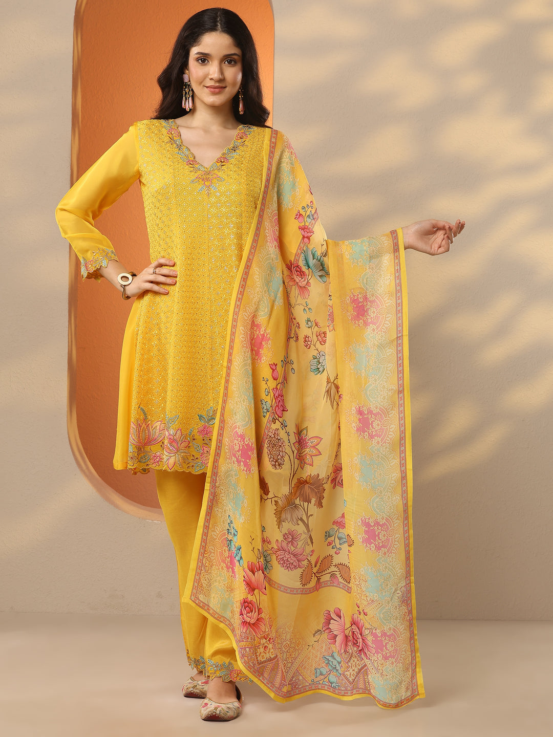 Mustard Embroidered Organza A-Line Suit Set With Dupatta