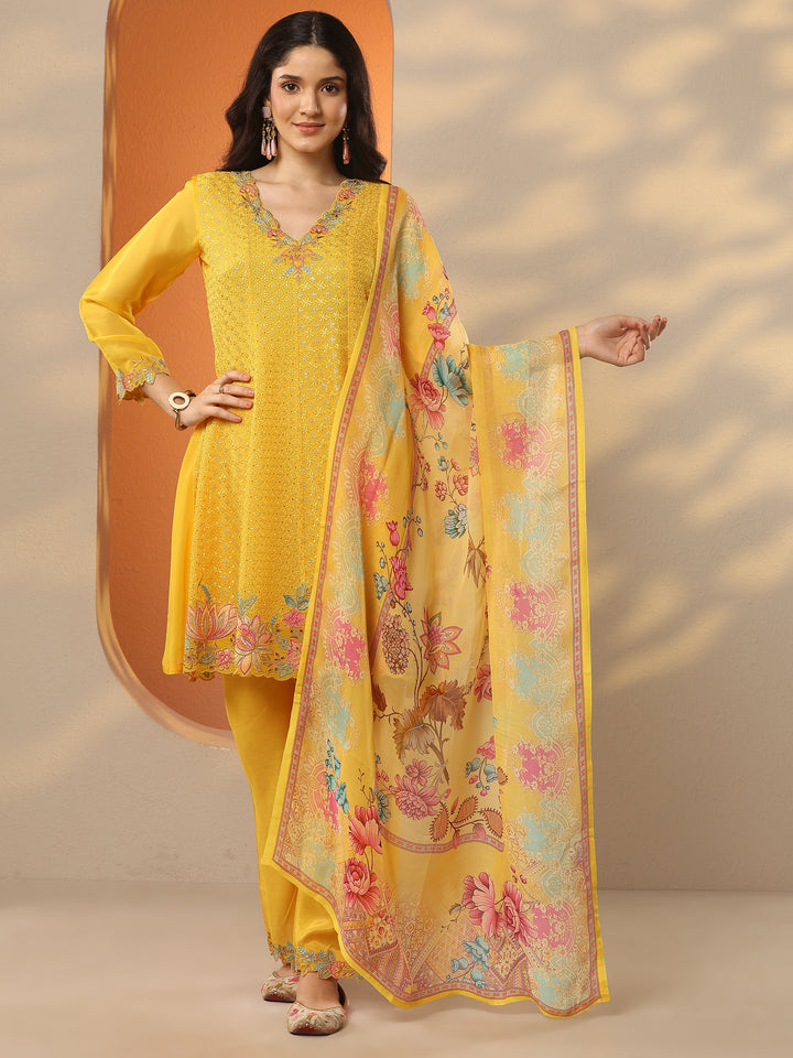 Mustard Embroidered Organza A-Line Suit Set With Dupatta