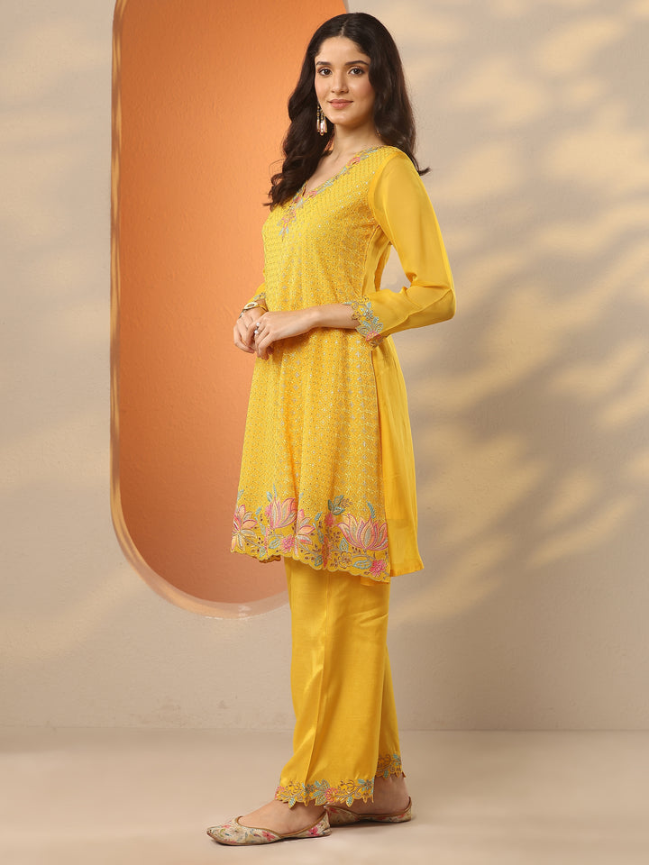 Mustard Embroidered Organza A-Line Suit Set With Dupatta