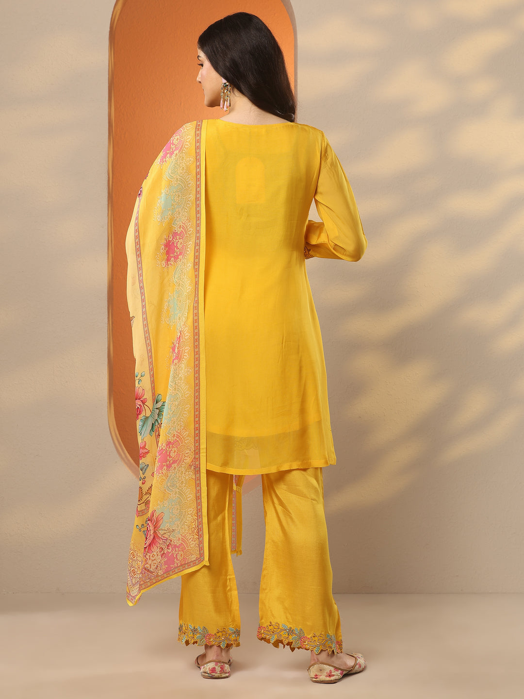 Mustard Embroidered Organza A-Line Suit Set With Dupatta