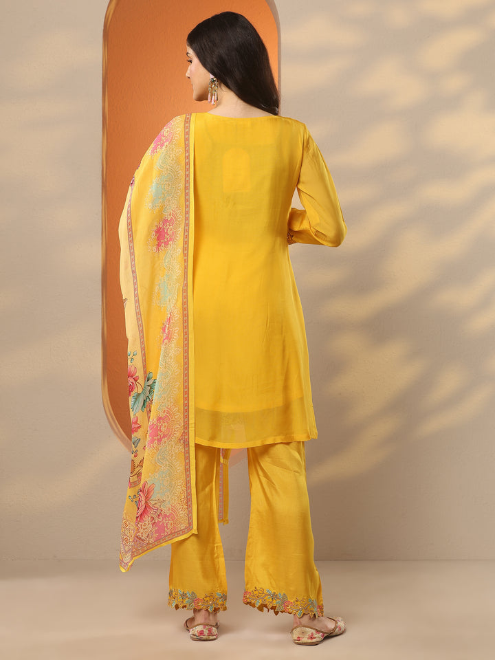 Mustard Embroidered Organza A-Line Suit Set With Dupatta