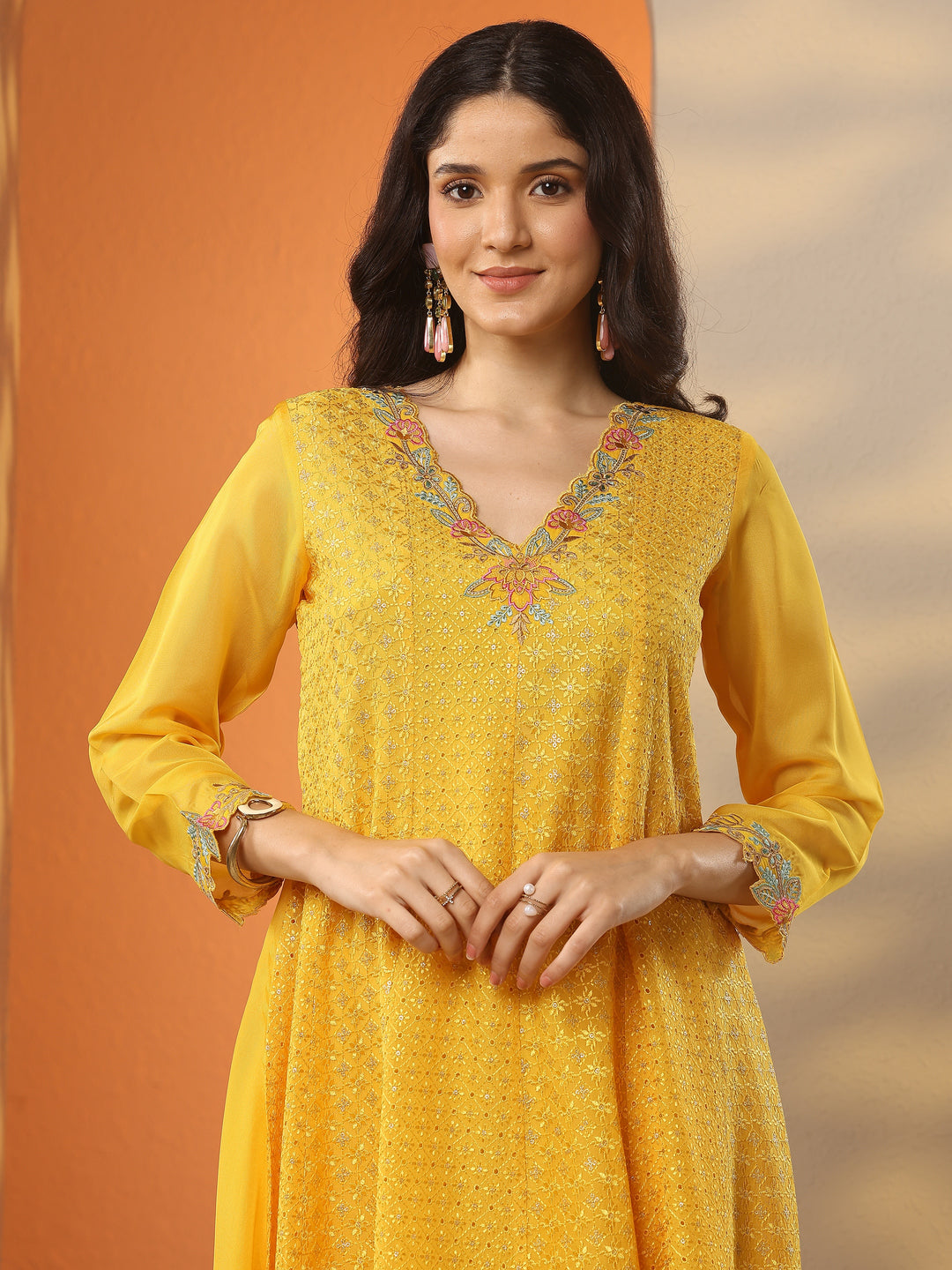 Mustard Embroidered Organza A-Line Suit Set With Dupatta