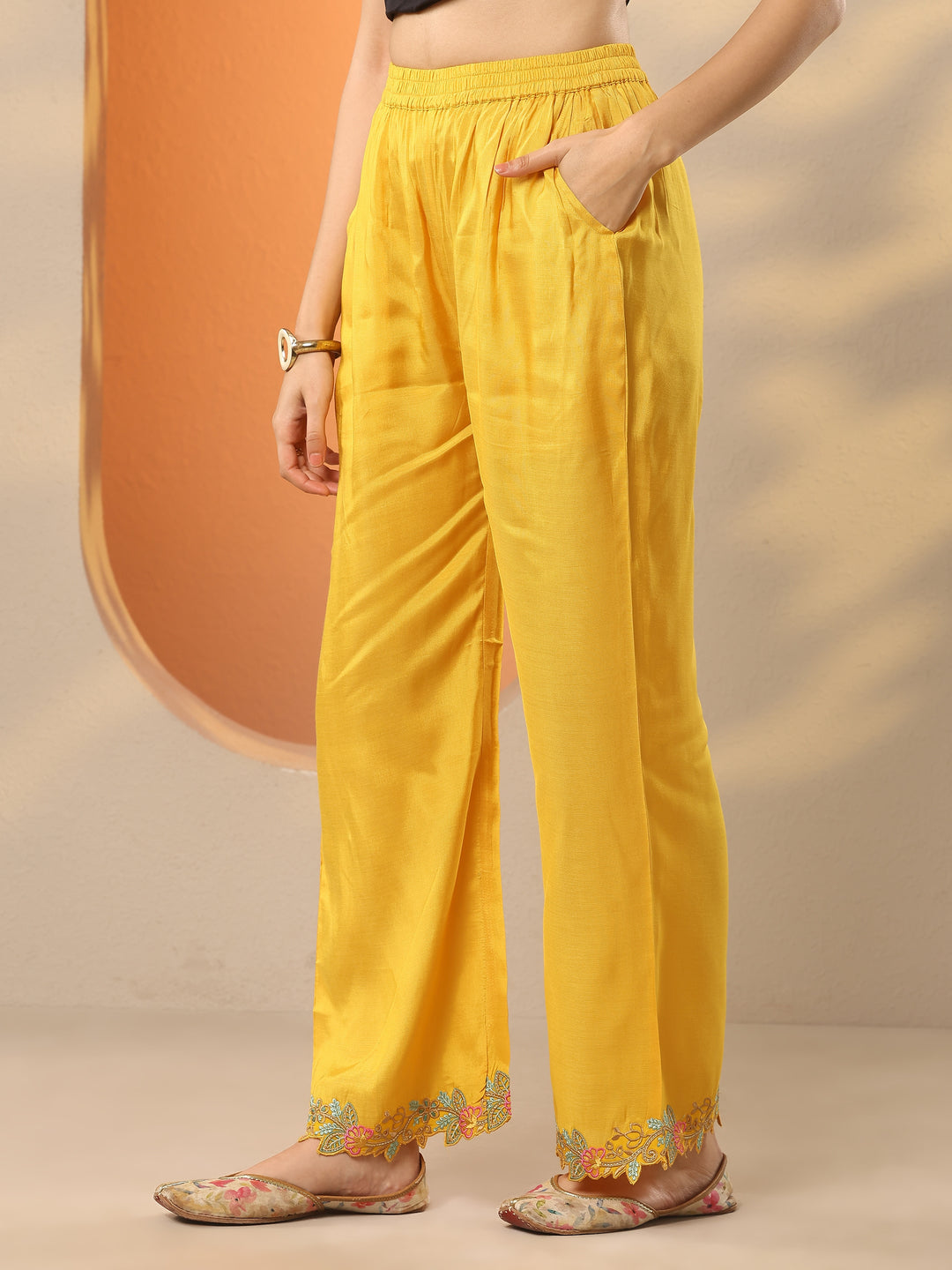 Mustard Embroidered Organza A-Line Suit Set With Dupatta