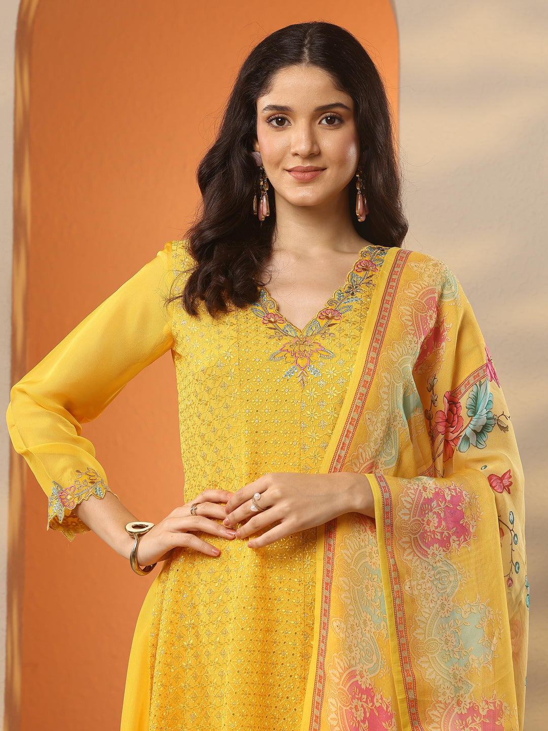 Mustard Embroidered Organza A-Line Suit Set With Dupatta