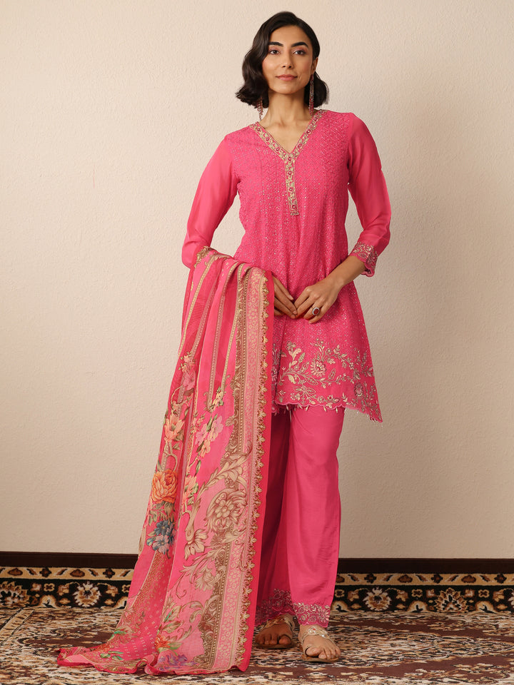 Coral Embroidered Organza Suit Set With Dupatta