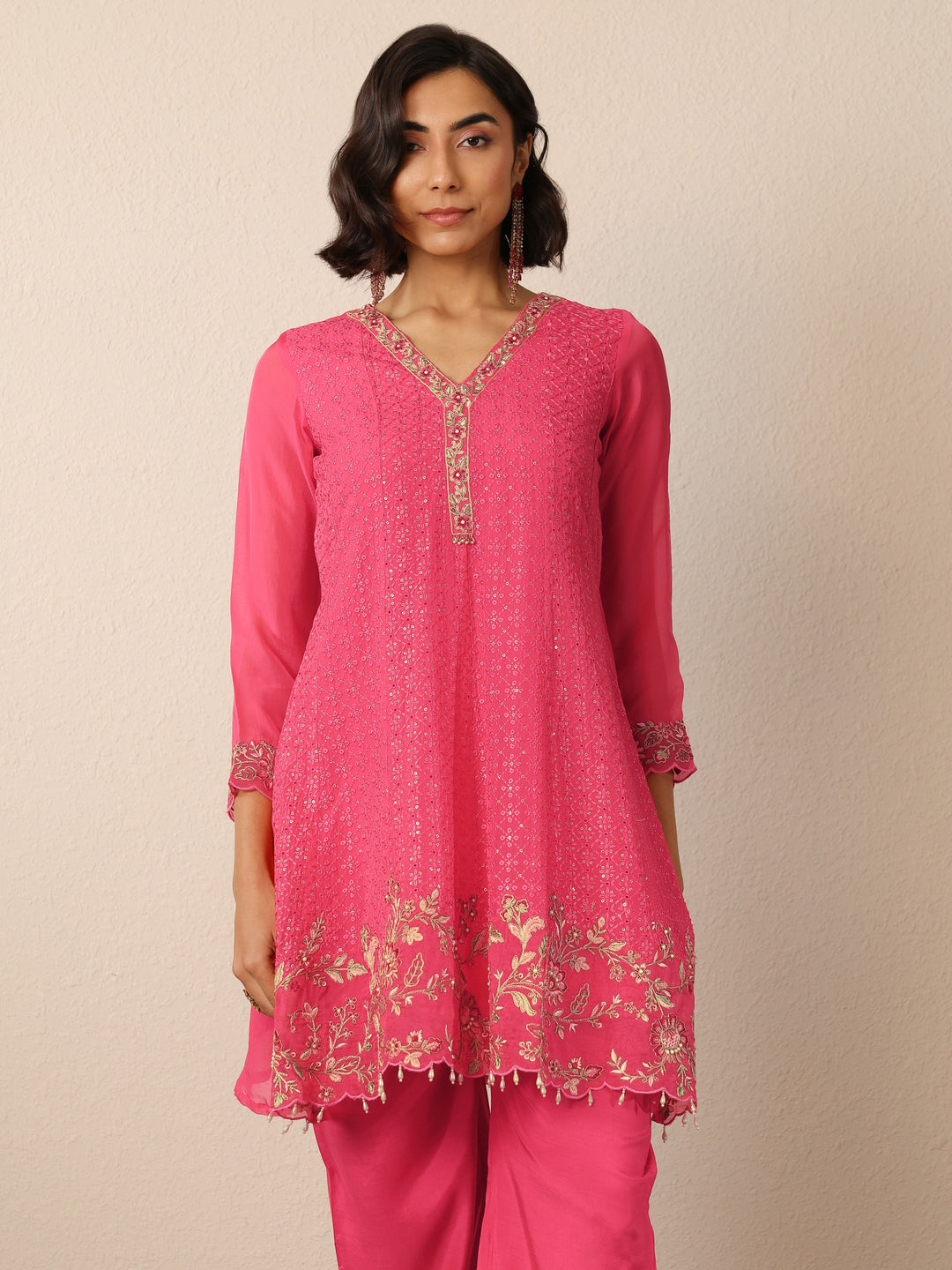 Coral Embroidered Organza Suit Set With Dupatta