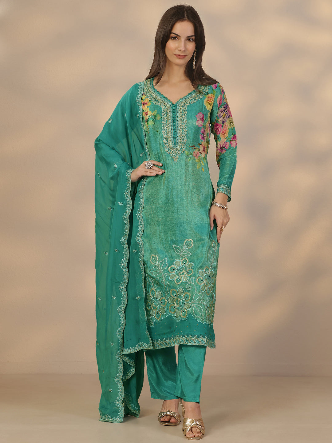 Blue Printed Crepe Straight Suit Set With Dupatta