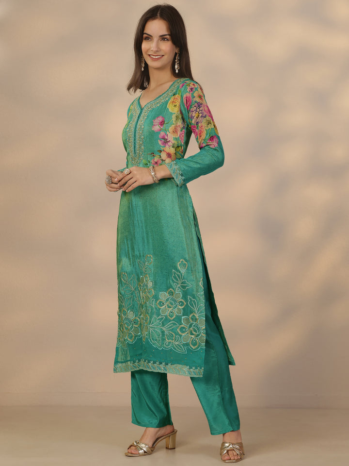Blue Printed Crepe Straight Suit Set With Dupatta