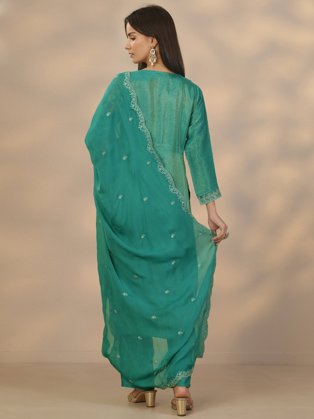 Blue Printed Crepe Straight Suit Set With Dupatta