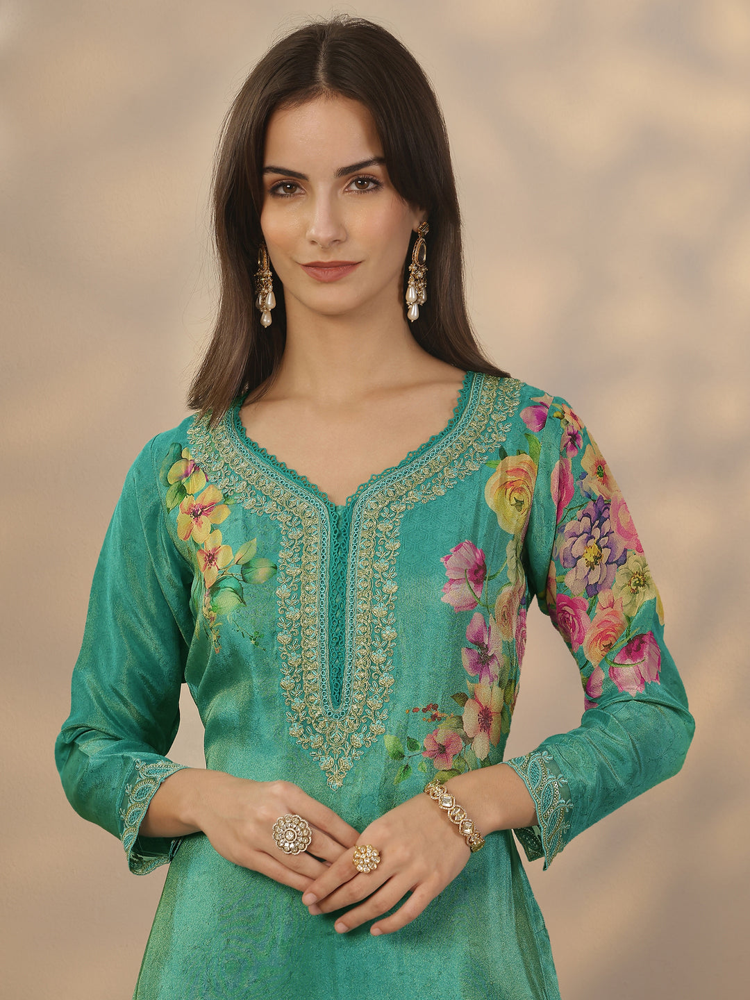 Blue Printed Crepe Straight Suit Set With Dupatta