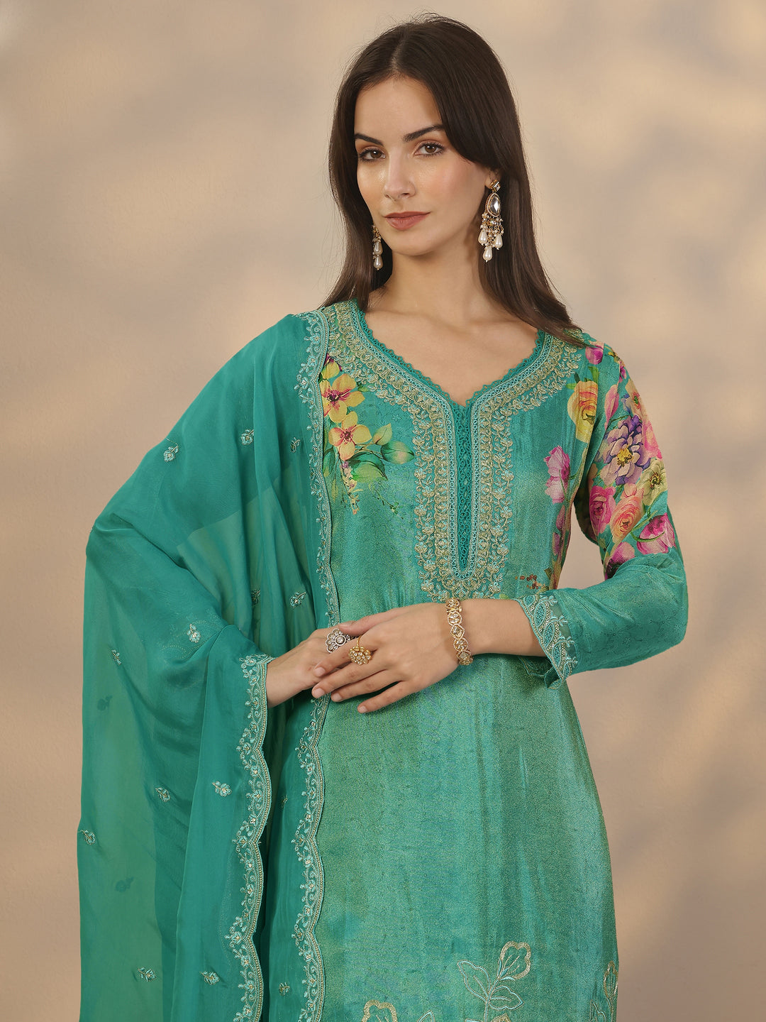 Blue Printed Crepe Straight Suit Set With Dupatta