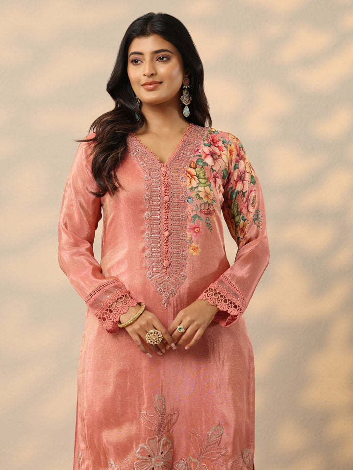Libas Art Peach Embroidered Crepe Straight Suit Set With Dupatta