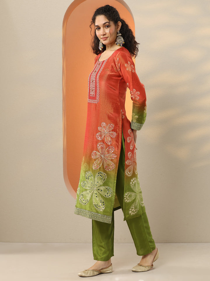 Libas Art Red Embroidered Crepe Straight Suit Set With Dupatta
