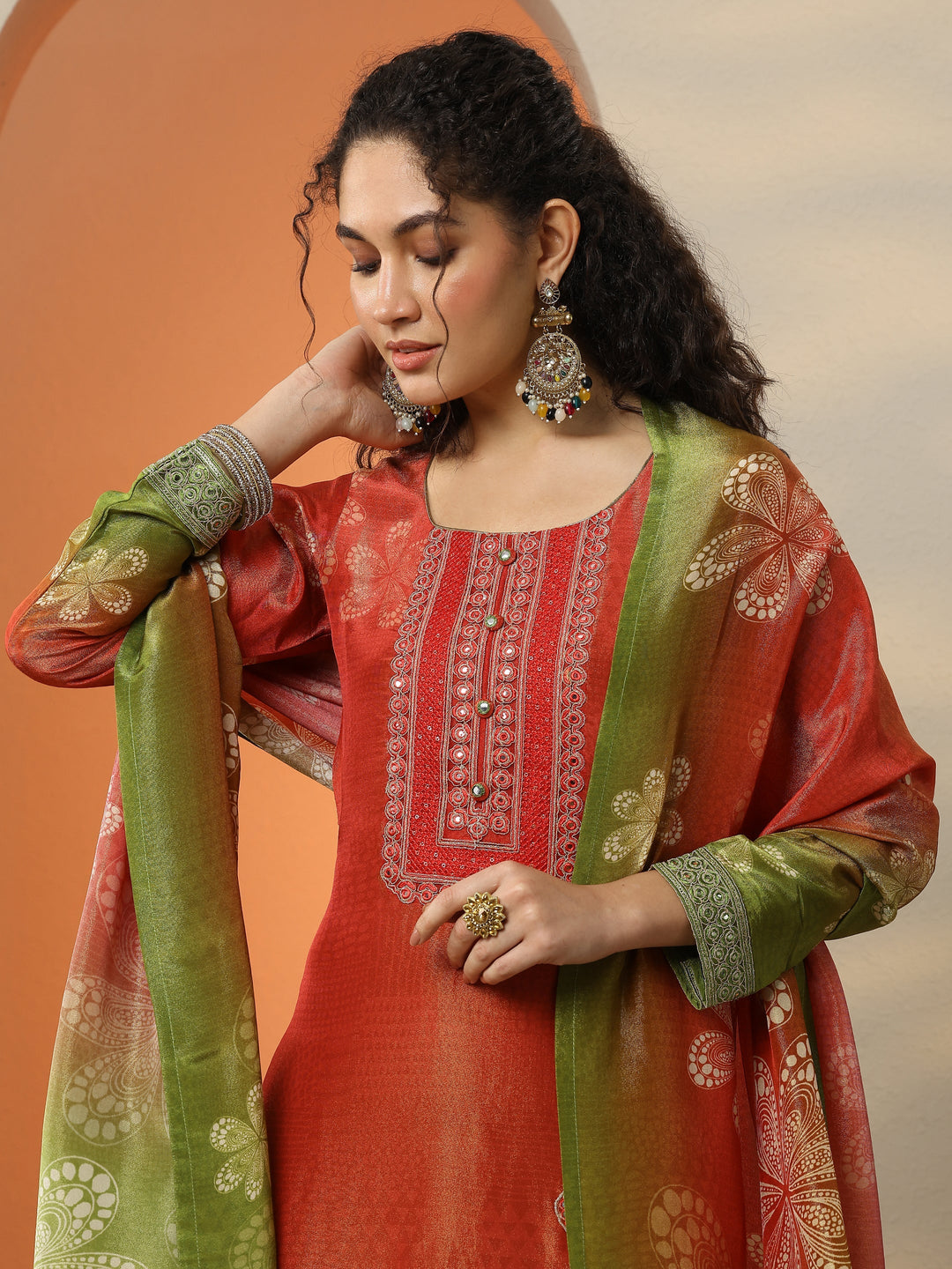 Libas Art Red Embroidered Crepe Straight Suit Set With Dupatta