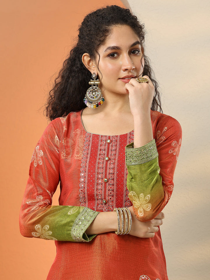 Libas Art Red Embroidered Crepe Straight Suit Set With Dupatta