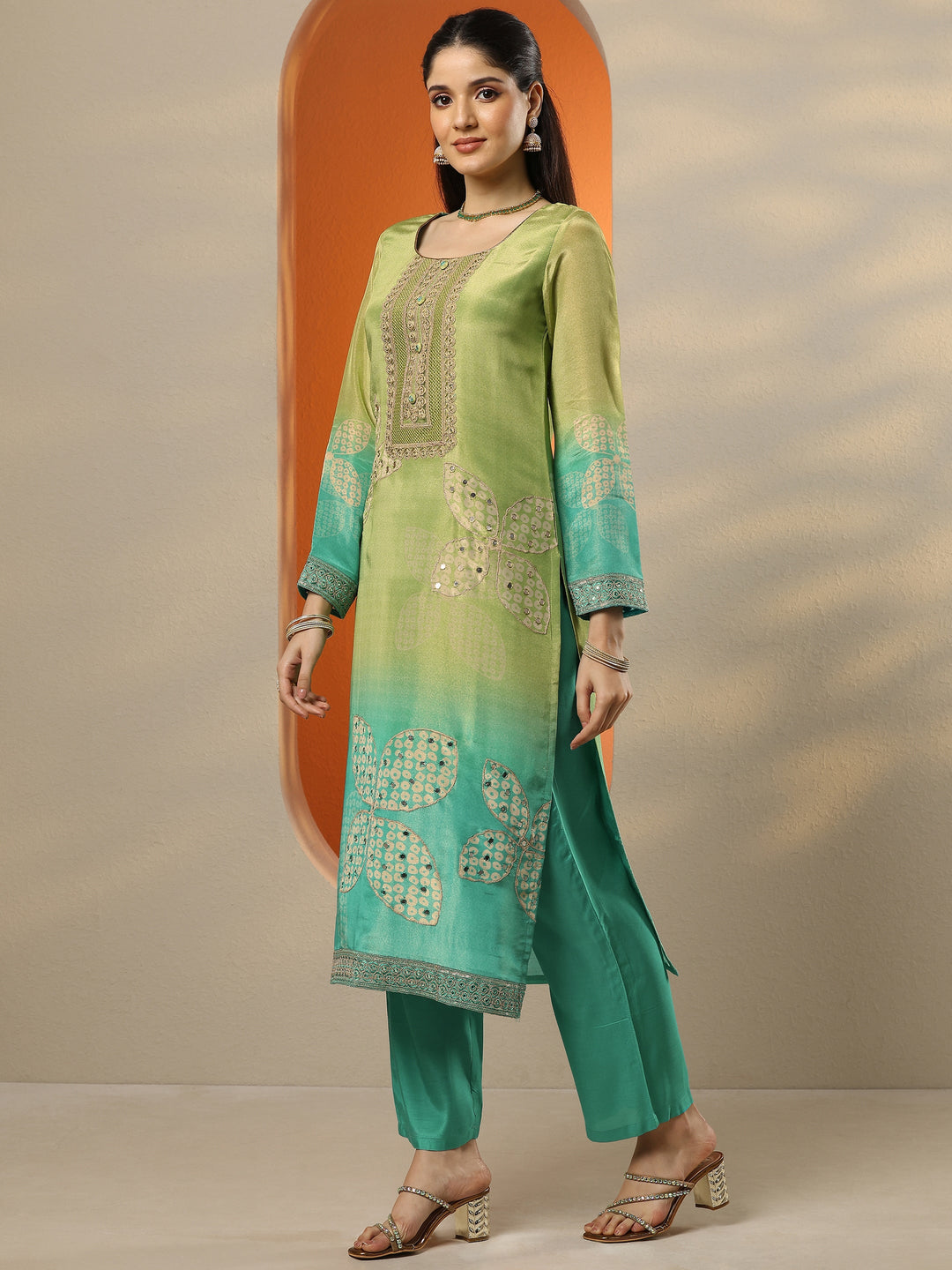 Green Embroidered Crepe Straight Suit Set With Dupatta