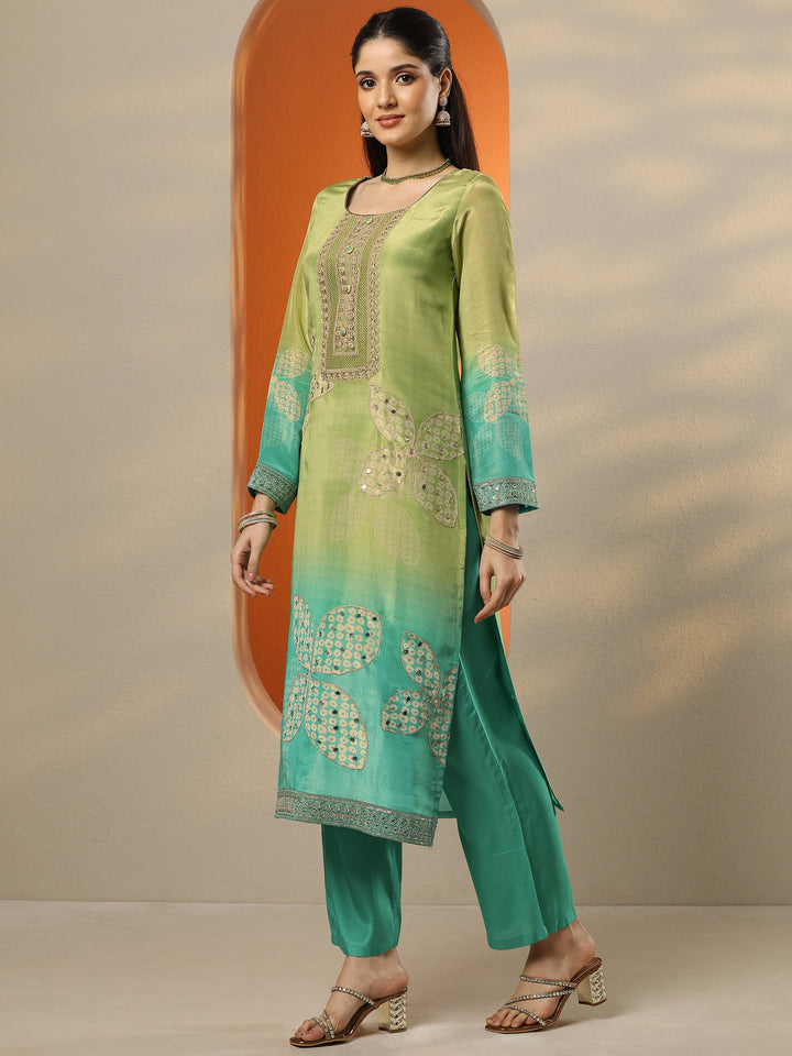 Green Embroidered Crepe Straight Suit Set With Dupatta