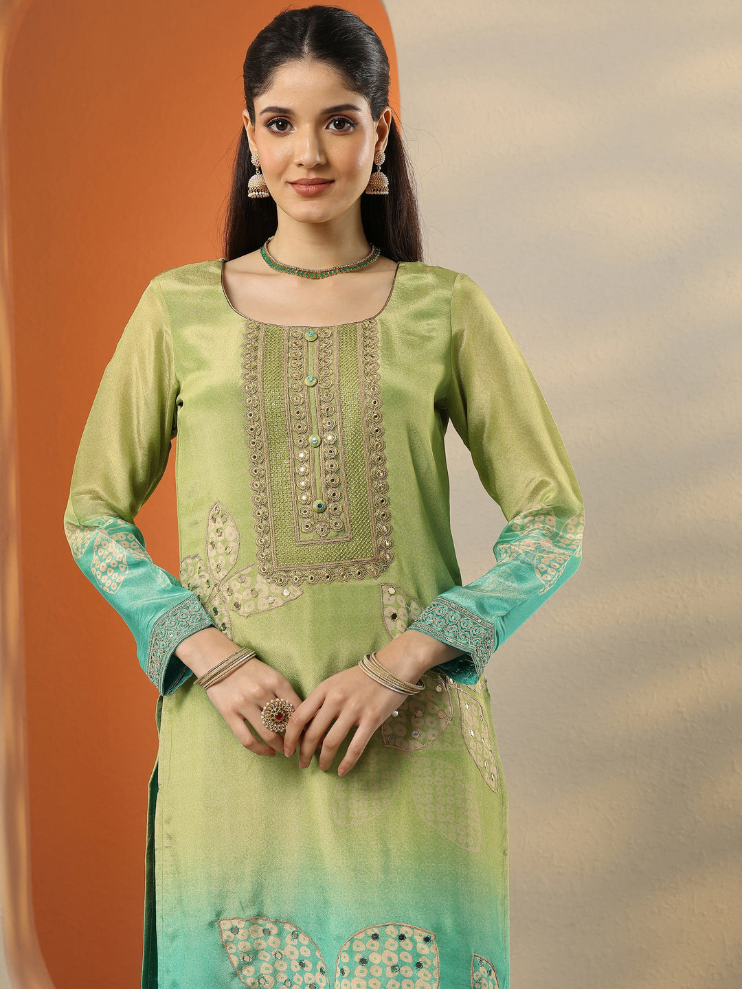 Green Embroidered Crepe Straight Suit Set With Dupatta