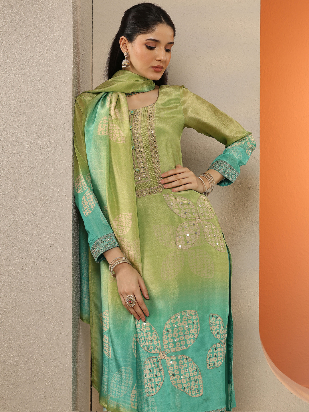 Green Embroidered Crepe Straight Suit Set With Dupatta