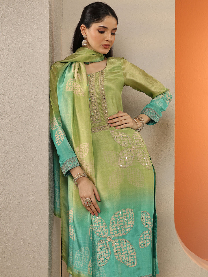 Green Embroidered Crepe Straight Suit Set With Dupatta