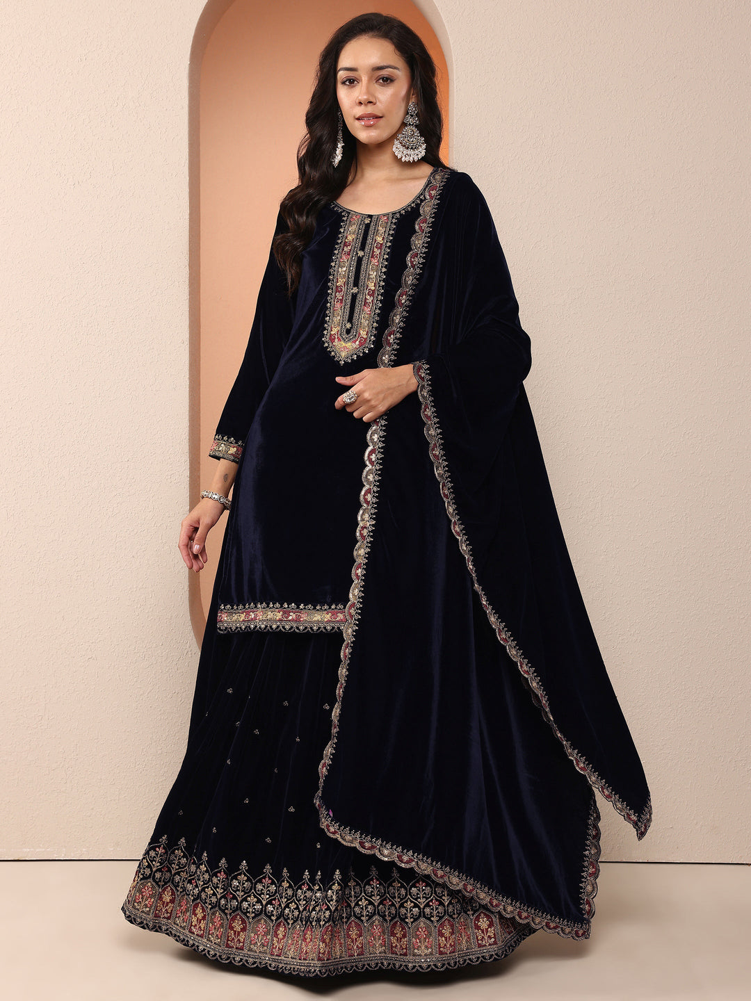Libas Art Navy blue Embroidered Velvet Straight Suit Set With Dupatta