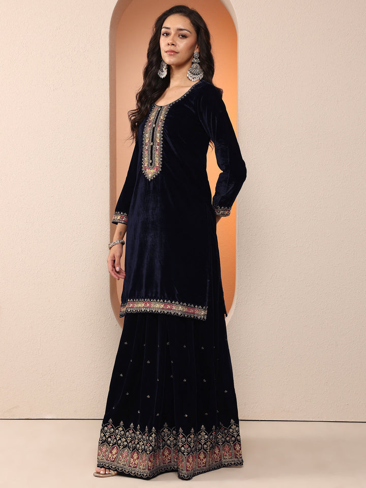 Libas Art Navy blue Embroidered Velvet Straight Suit Set With Dupatta