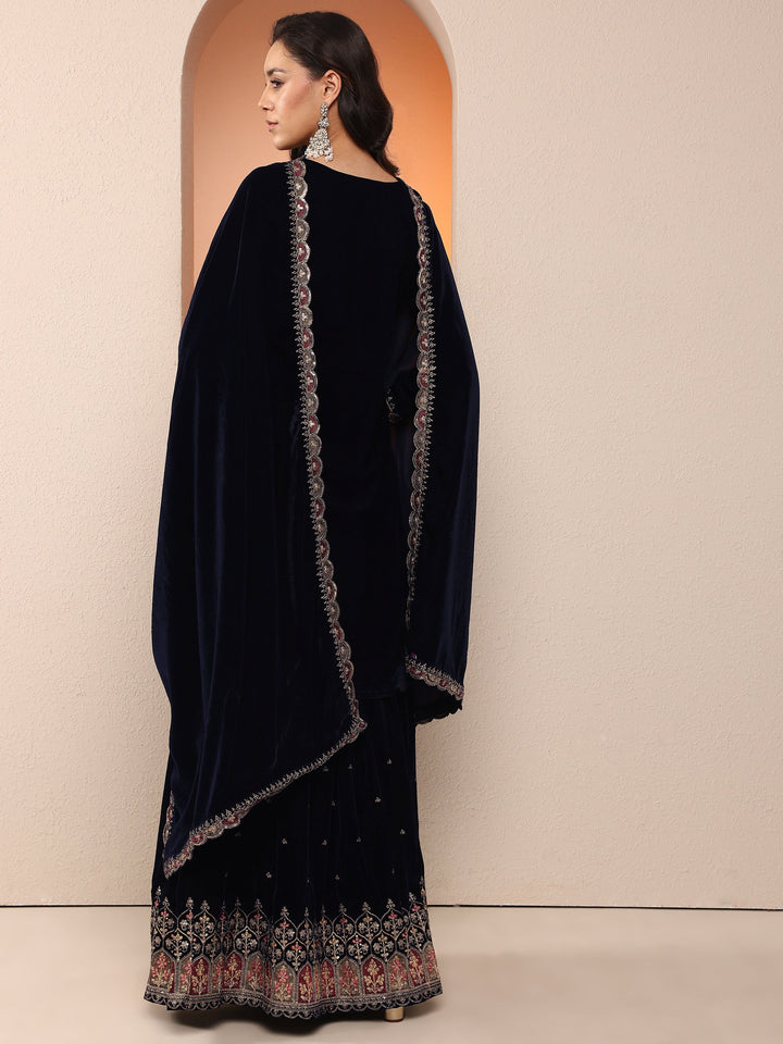 Libas Art Navy blue Embroidered Velvet Straight Suit Set With Dupatta