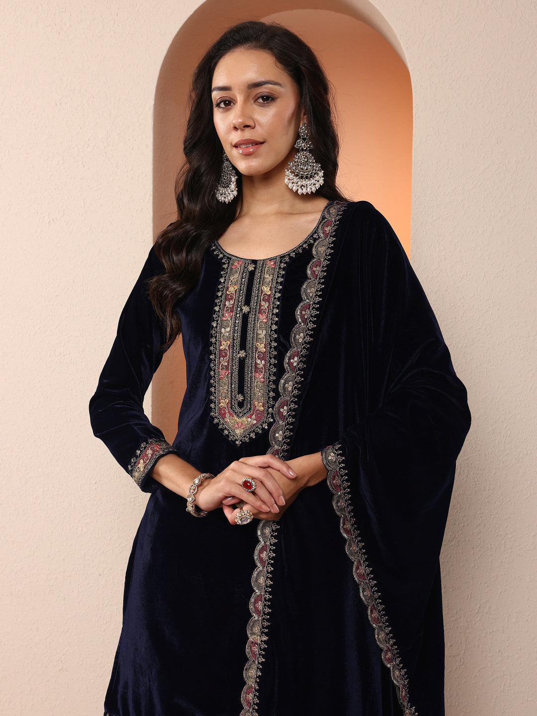 Libas Art Navy blue Embroidered Velvet Straight Suit Set With Dupatta