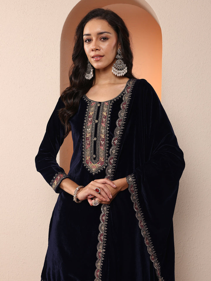 Libas Art Navy blue Embroidered Velvet Straight Suit Set With Dupatta
