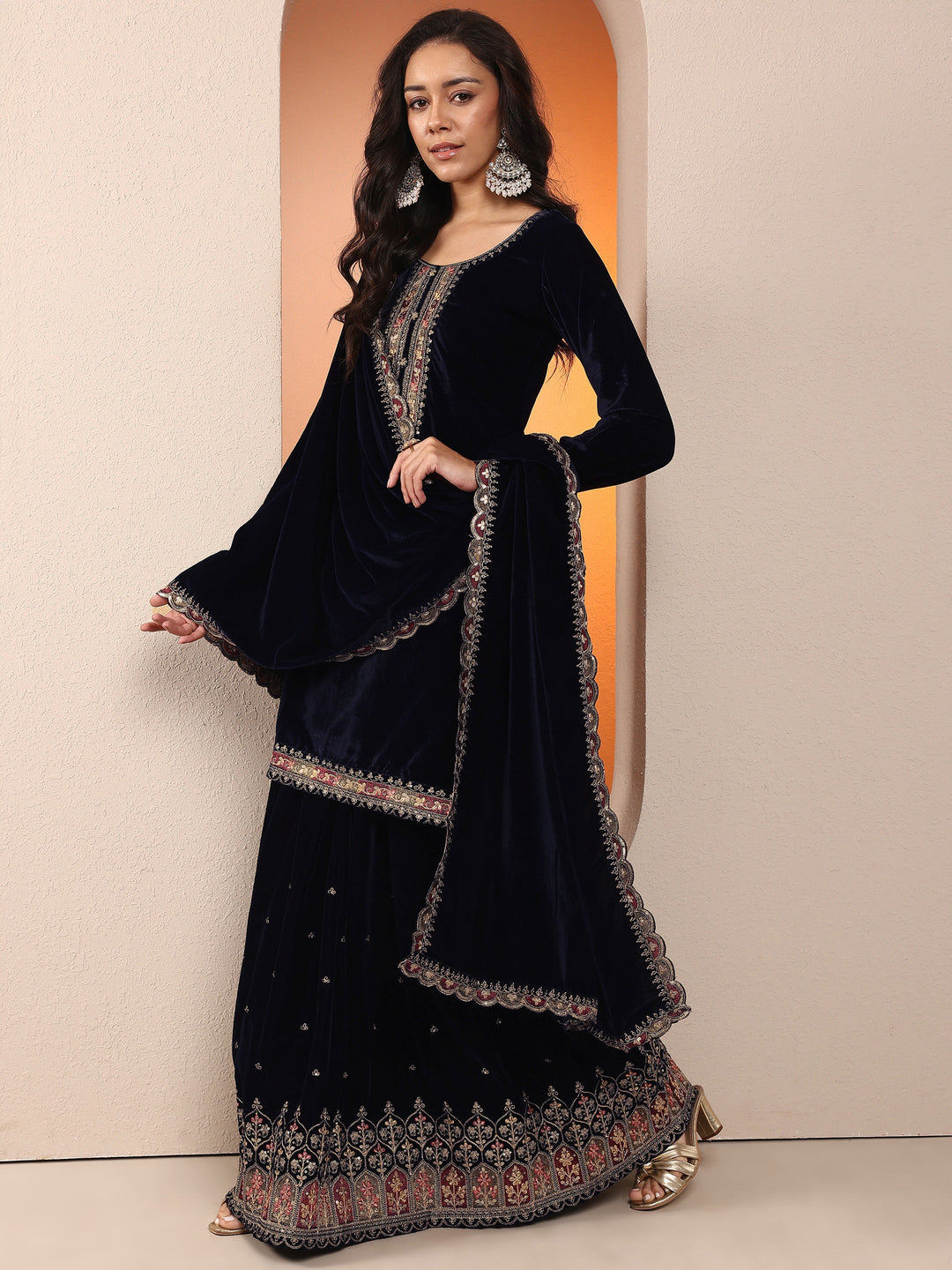 Libas Art Navy blue Embroidered Velvet Straight Suit Set With Dupatta