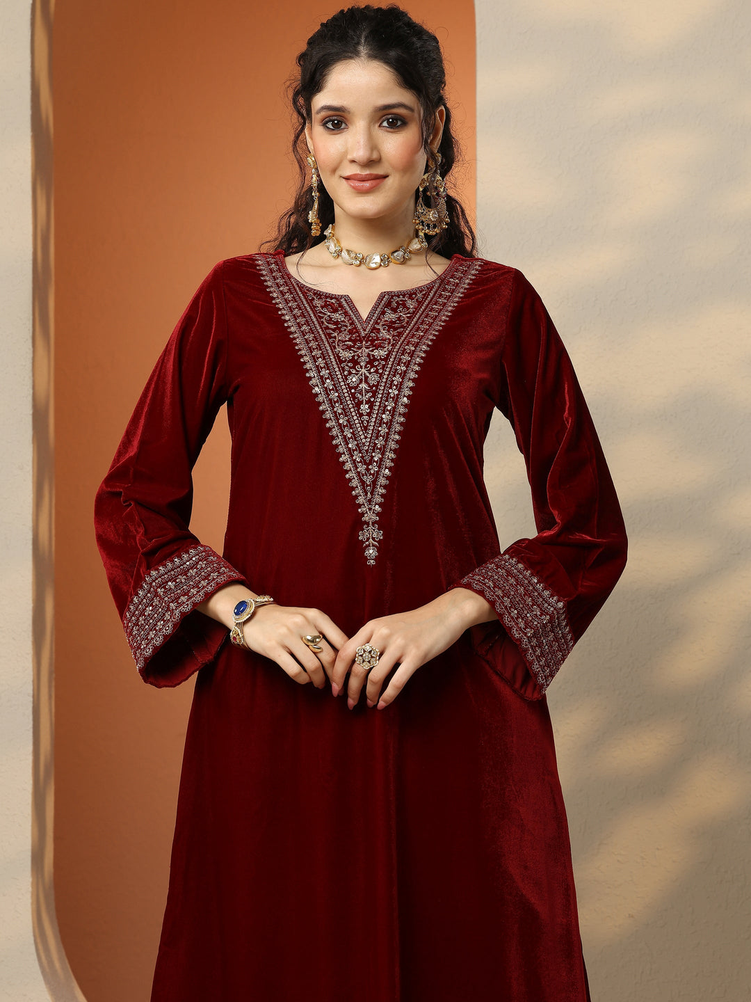 Libas Art Magenta Embroidered Velvet Straight Suit Set With Dupatta
