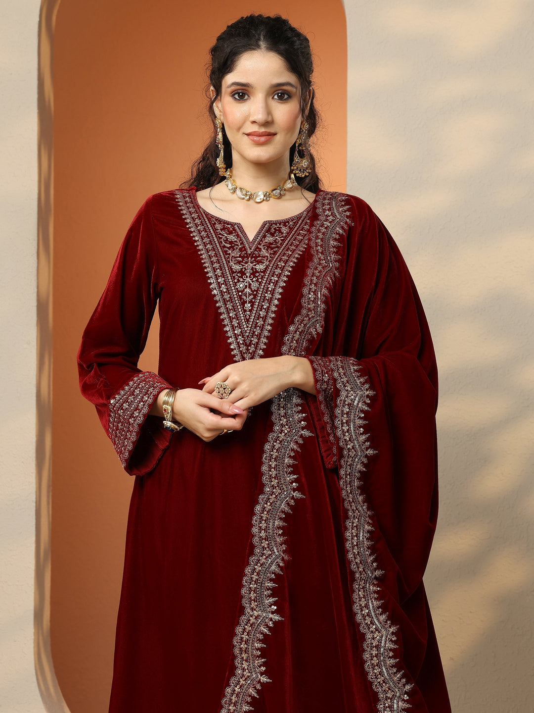 Libas Art Magenta Embroidered Velvet Straight Suit Set With Dupatta