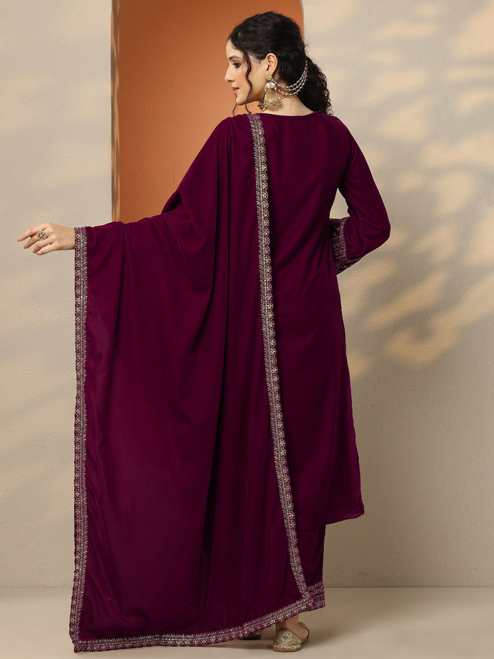 Libas Art Magenta Embroidered Velvet Straight Suit Set With Dupatta