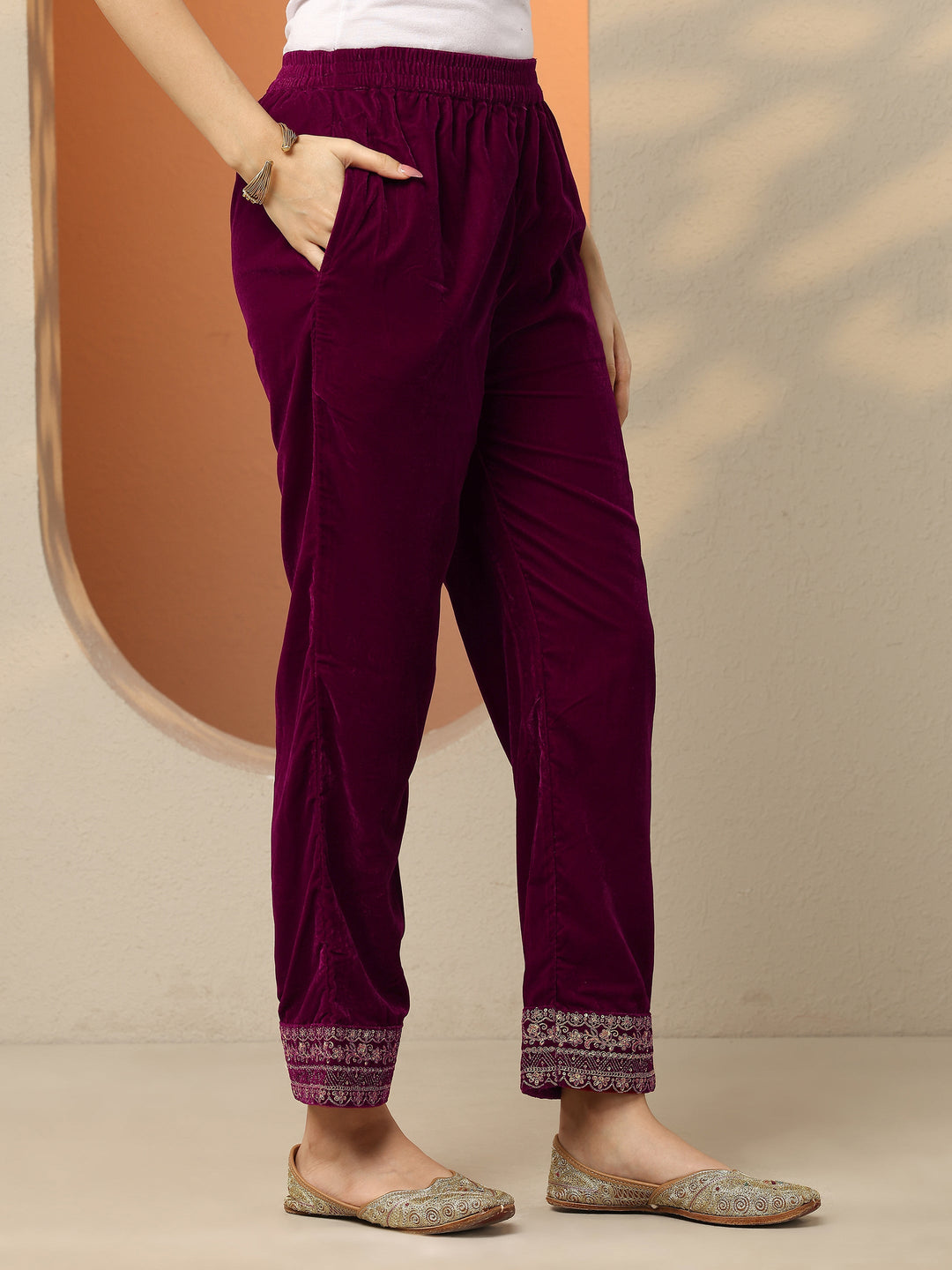 Libas Art Magenta Embroidered Velvet Straight Suit Set With Dupatta