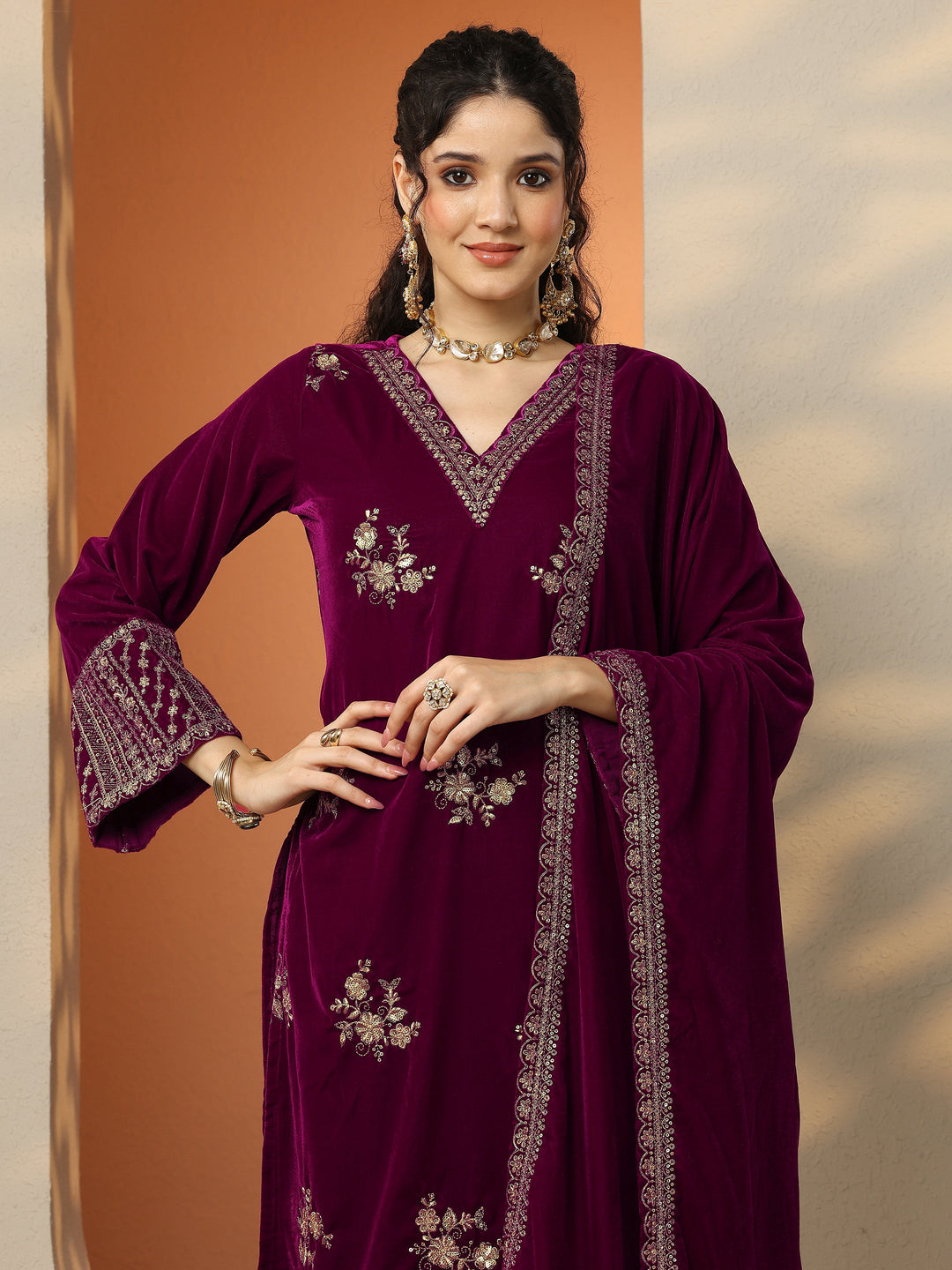 Libas Art Magenta Embroidered Velvet Straight Suit Set With Dupatta