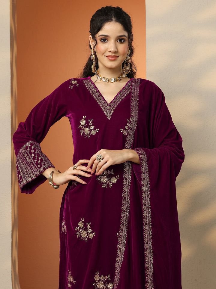 Libas Art Magenta Embroidered Velvet Straight Suit Set With Dupatta