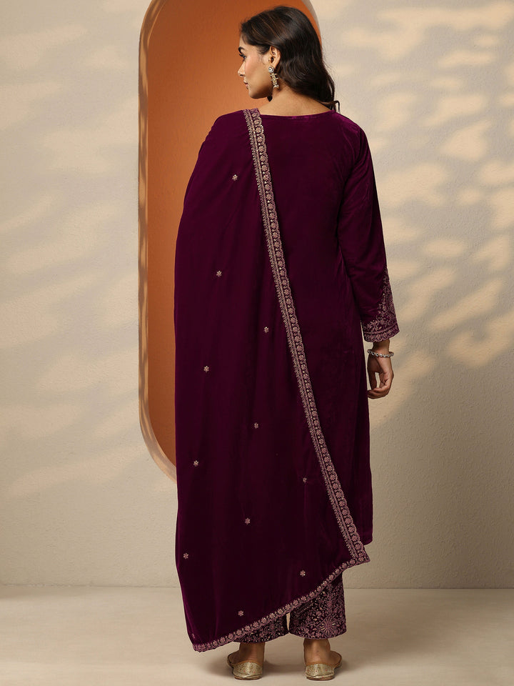 Libas Art Burgundy Embroidered Velvet Straight Suit Set With Dupatta