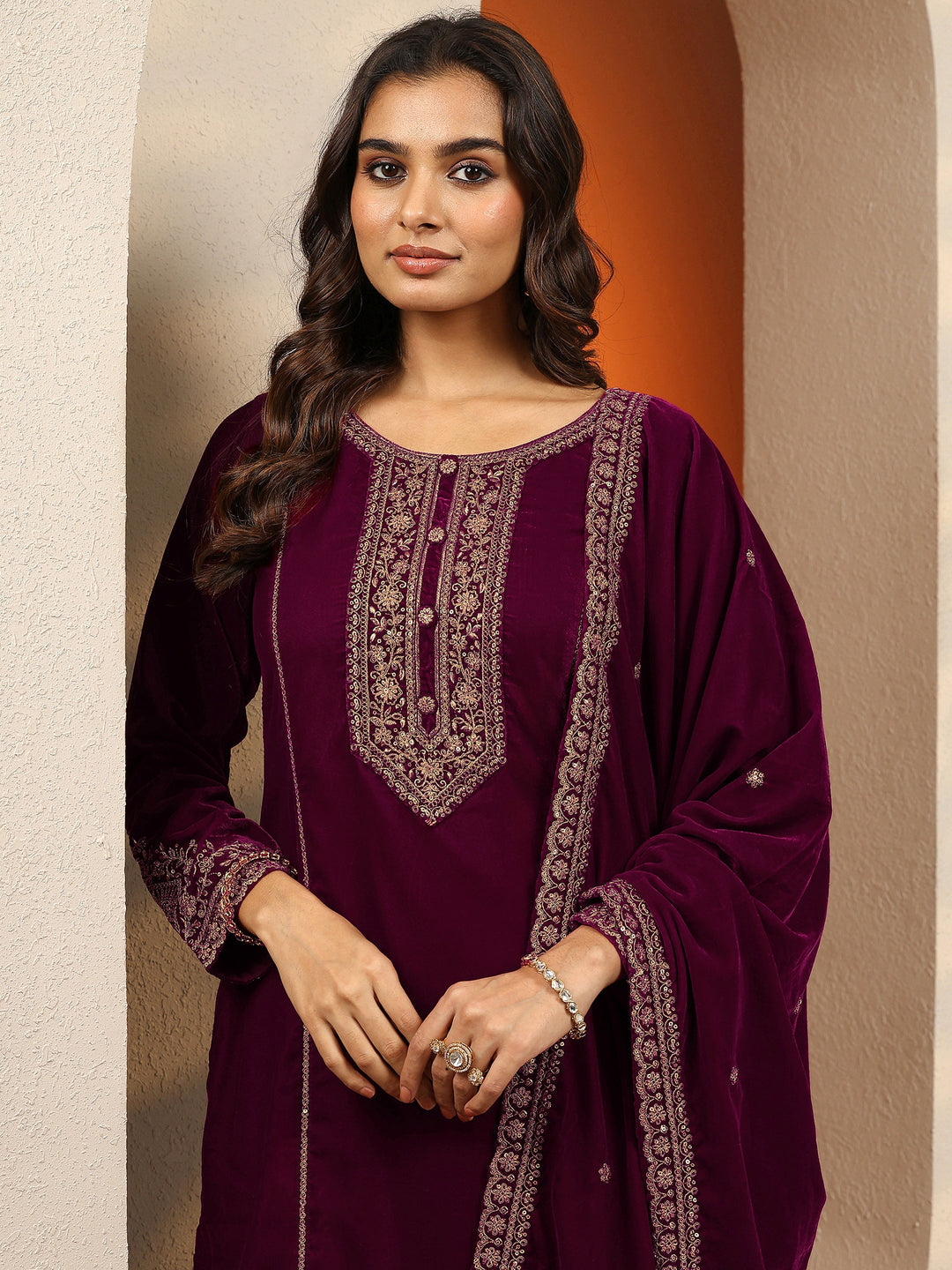 Libas Art Burgundy Embroidered Velvet Straight Suit Set With Dupatta