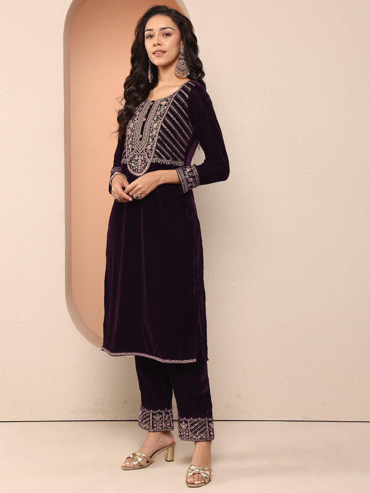 Libas Art Purple Embroidered Velvet Straight Suit Set With Dupatta