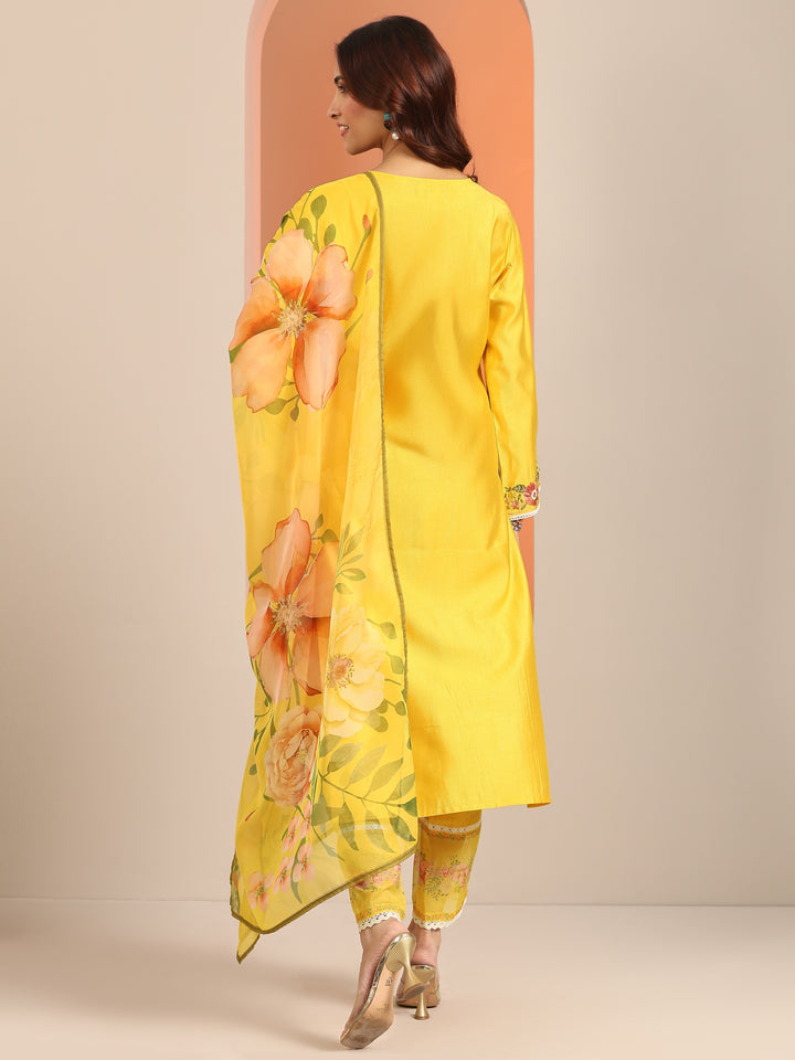 Yellow Embroidered Silk Blend Straight Suit Set With Dupatta