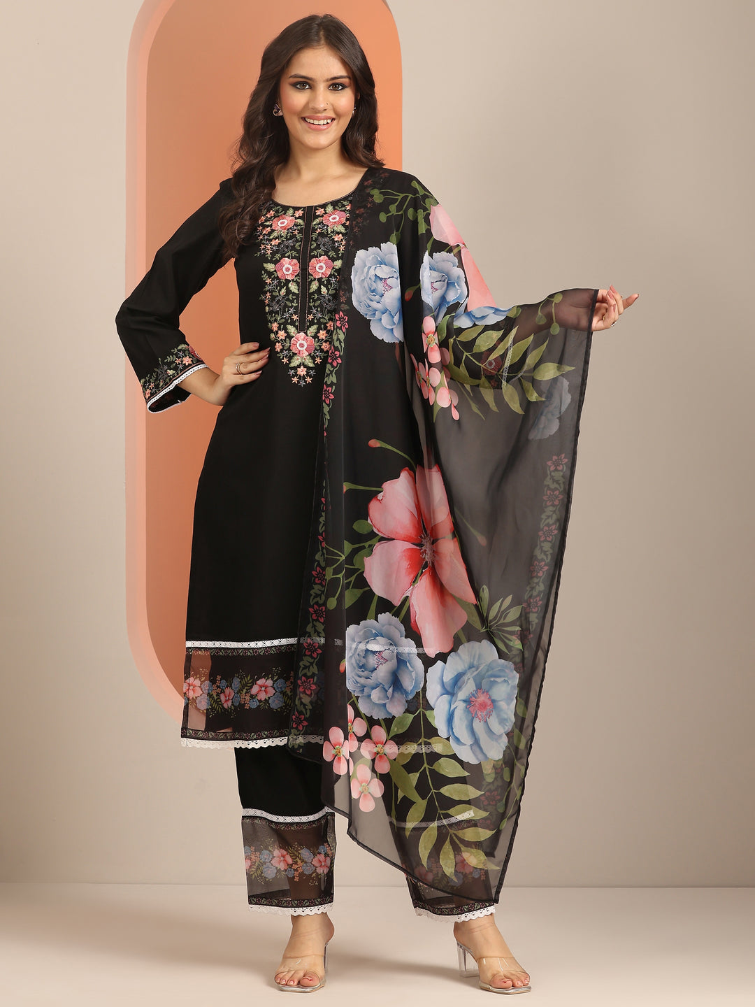 Black Embroidered Silk Blend Straight Suit Set With Dupatta