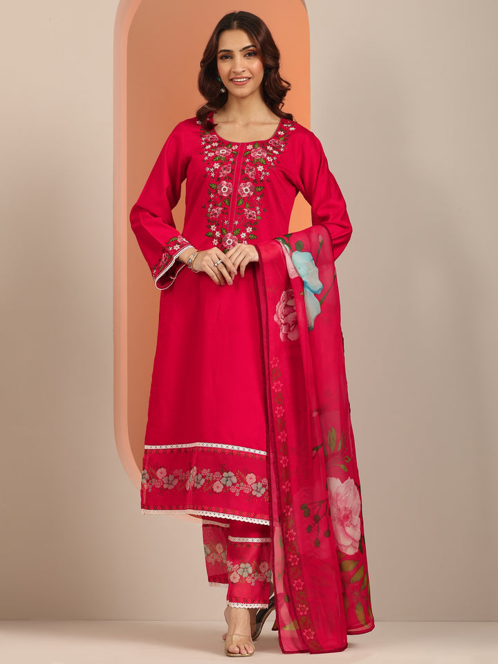 Red Embroidered Silk Blend Straight Suit Set With Dupatta