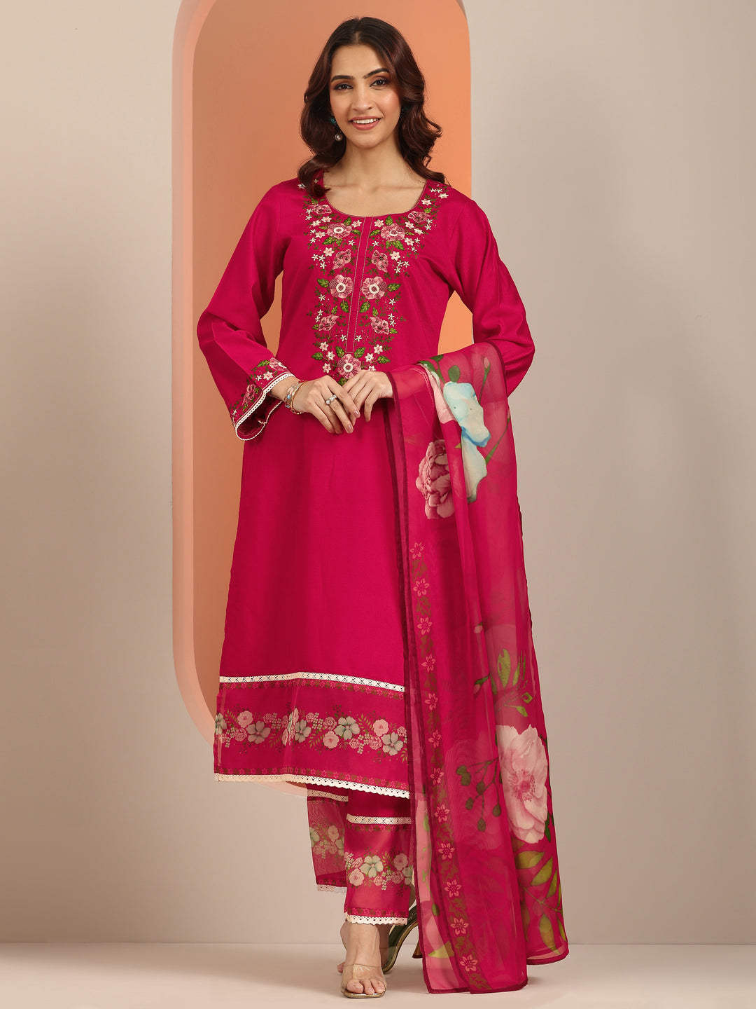 Libas Red Embroidered Silk Blend Straight Suit Set With Dupatta