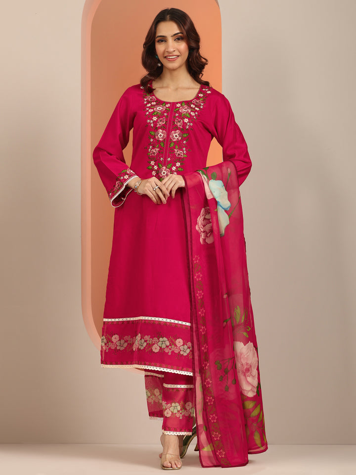 Libas Red Embroidered Silk Blend Straight Suit Set With Dupatta