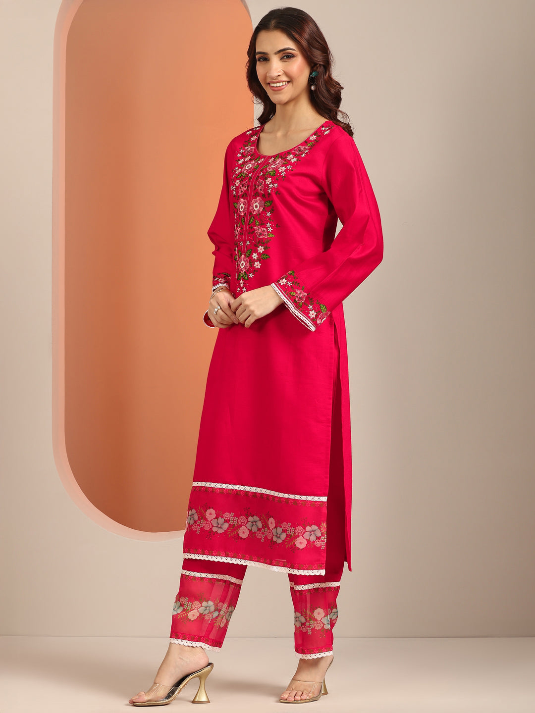 Red Embroidered Silk Blend Straight Suit Set With Dupatta