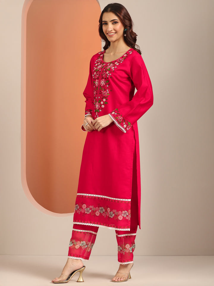 Red Embroidered Silk Blend Straight Suit Set With Dupatta