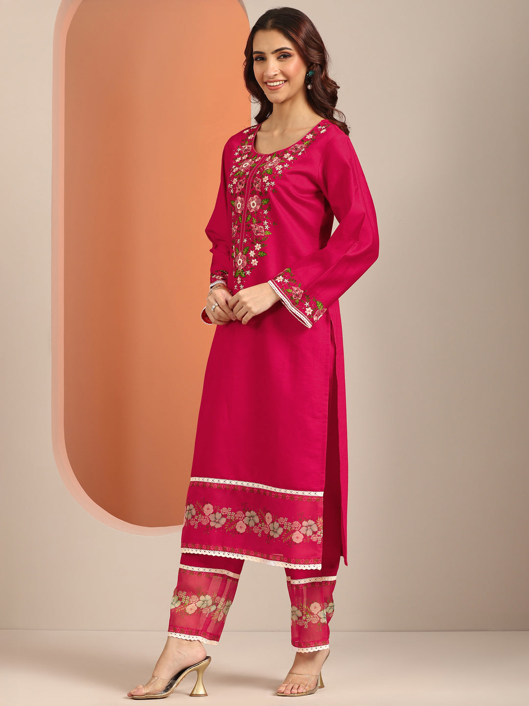 Libas Red Embroidered Silk Blend Straight Suit Set With Dupatta